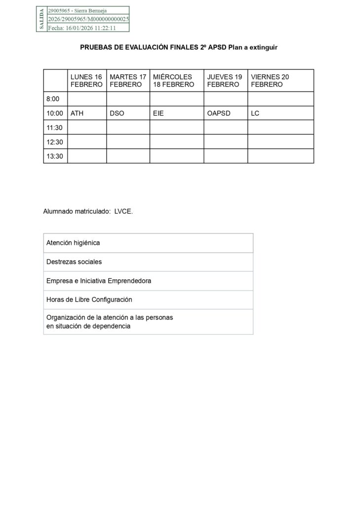 Calendario de exámenes de los módulos profesionales pendientes de 2º de APSD del Plan a Extinguir